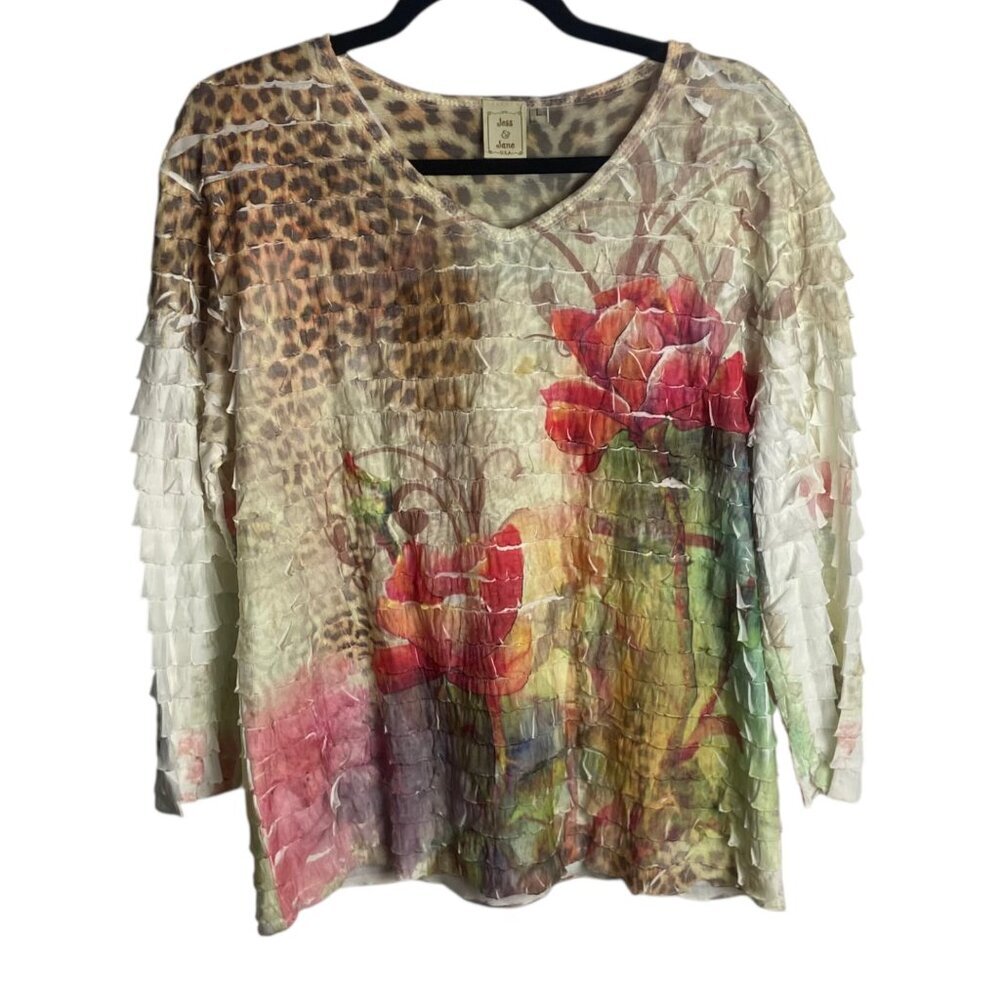 Jess and Jane Size L Ruffled Layered Top Blouse Garden of Cheetah Artsy Textured